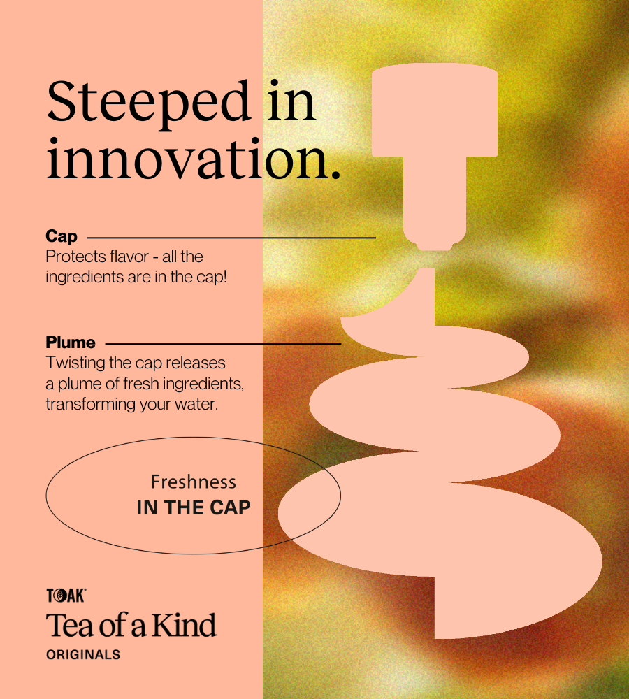 Tea packaging with a cap design and text explaining its features on a pink and green gradient background.