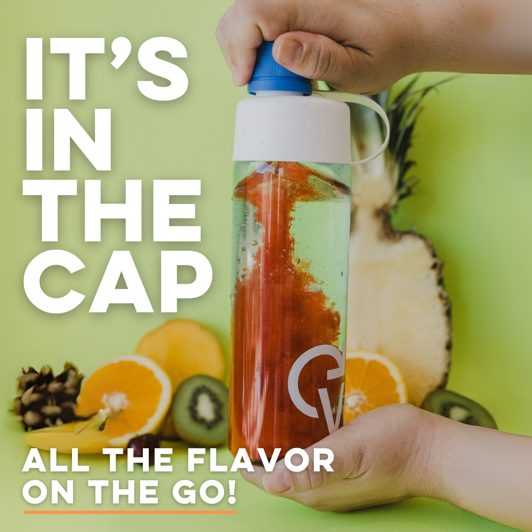 Bottle with fruit slices and text about flavor on the go