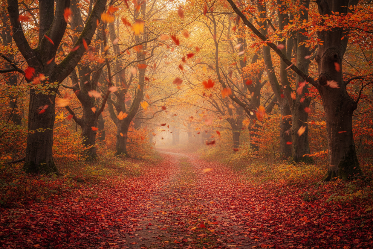 A Fall setting with colorful leaves falling and covering the ground with dimensions 3200 x 1200px